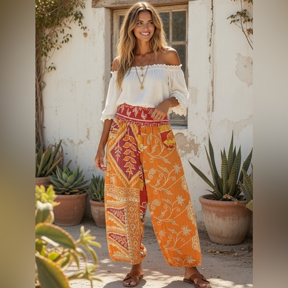 she’s1oak Pants - KANTHA SHE’S1OAK LOUNGE HAREM PANTS WITH POCKETS Bohemian Orange Patterned Pants